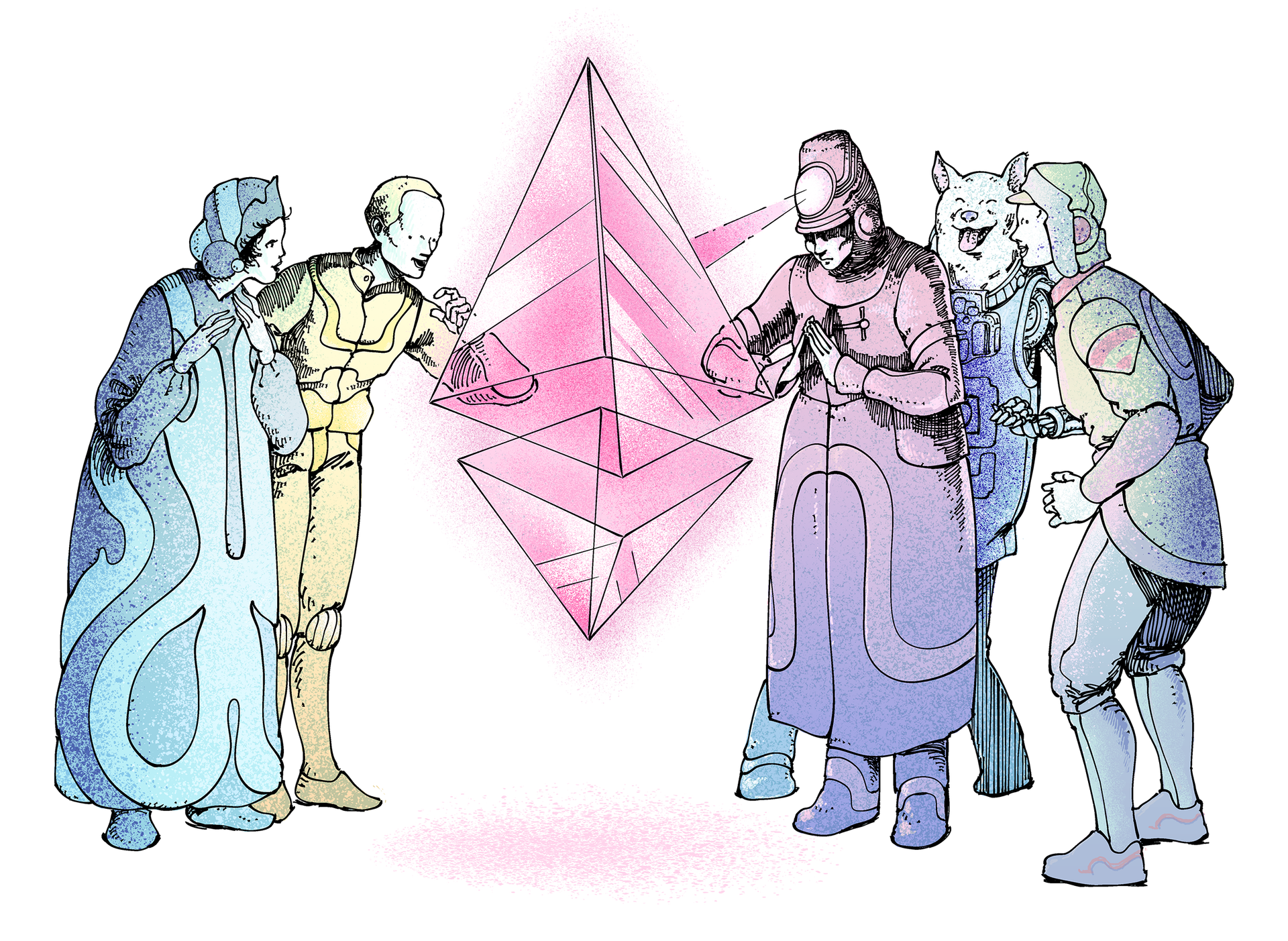 ภาพผู้คนที่กำลังตื่นเต้นกับสัญลักษณ์อีเธอร์ (ETH)